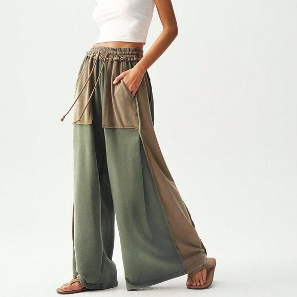 Pants - Multicolor Casual Women's Knit Patchwork Loose Wide Leg Washed Pants